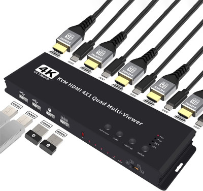 Etzin HDMI KVM Switch 4 Ports HDMI USB Switch 4x1 HDMI KVM Quad Multiviewer EPL-990H Media Streaming Device(Black)