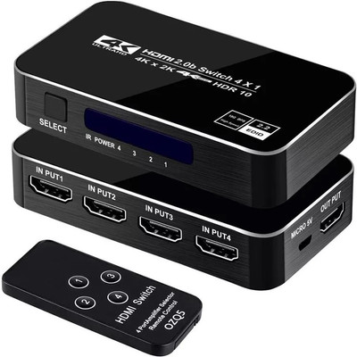 atdaraz 4x1 HDMI Switch, 4 Port Auto HDMI Switch Box with IR Remote,Support HDCP 2.2 Media Streaming Device(Black)