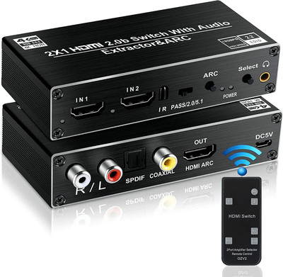 Tobo HDMI Switch Audio Extractor HDMI Switch Splitter 2 Inputs 1Output Remote TD-908H Media Streaming Device(Black)