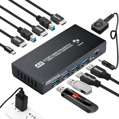 Etzin KVM Switch 2 Computers Sharing 1 Monitors 4 USB 3.0 Ports,4K@60Hz KVM EPL-1343H Media Streaming Device(Black)