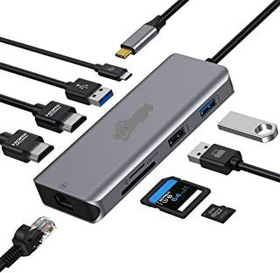 ULTRABYTES USB C HDMI Adapter, USB C Laptop Station 9 in 1 Triple Display Multiport Dongle Media Streaming Device(Grey)