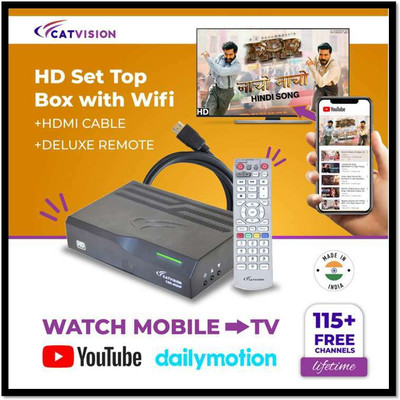 Catvision 115+ TV Channels Free|Watch YouTube on TV|Doordarshan FreeDish Wifi Set Top Box Media Streaming Device(Black)