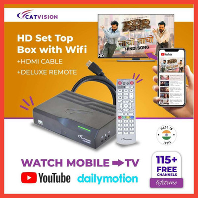 Catvision 150 Channels Lifetime Free | Watch YouTube on TV | DD FreeDish Wifi Set Top Box Media Streaming Device(Black)