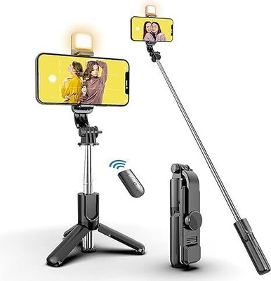 AAMS R1s Bluetooth Selfie Stick with Remote and LED Selfie Light, 3-in-1 Multifunctional Selfie Stick, Tripod, Monopod Stand & Mobile Stand Compatible with All Phones Bluetooth Selfie Stick(Black, Remote Included)