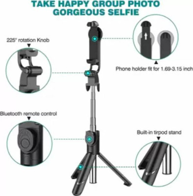 GUGGU JAW69_AN144- Flash Light Tripod with Detachable Remote Bluetooth Selfie Stick Bluetooth Selfie Stick(Black, Remote Included)