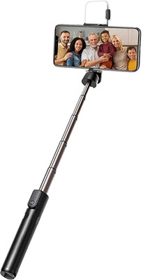 SHOP PLUS Selfie Stick R1s with Tripod Stand and Light Flash 3-in-1 for Travelling, YouTube Vlogging Video, Compatible with All Smartphones Bluetooth Selfie Stick(Black, Remote Included)
