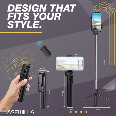 Casewilla R1 Bluetooth Selfie Stick with Remote, 3-in-1 Multifunctional Selfie Stick, Tripod, Monopod Stand & Mobile Stand Bluetooth Selfie Stick(Black, Remote Included)