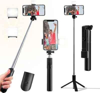 INDRAMANSHA Retractable Phone Tripod with Wireless Remote Control & Light Bluetooth Selfie Stick(With Light, Remote Included)