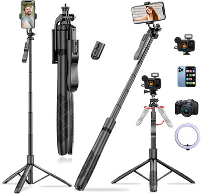 FKU 2024 Upgraded L16 Long Selfie Stick, Balance Handle for Anti Shake Shooting, 6 Section Telescopic Pole Upto 61 inch for Wide Angle Photo Shooting, Selfie Stick with Tripod Stand for Gopro & Camera Bluetooth Selfie Stick(Black, Remote Included)