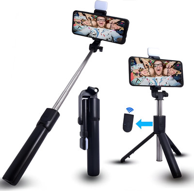 BASS BLING R1S Selfie Stick with Tripod Stand, 3 in 1 Multifunctional Design, Rechargable LED Light with Two Brighness Bluetooth Selfie Stick(Black, Remote Included)