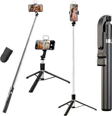 Hold up Extendable Selfie Stick Wireless Remote Tripod, Portable, Lightweight, Rechargeable Dimmable for Live Streaming & Photography Compatible with iPhone and Android Bluetooth Selfie Stick(Black, Remote Included)