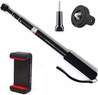 Action Pro Black Extendable Portrait Selfie Handheld Stick Monopod with Adapter, Screw and Phone Holder Fo GoPro 13 12 11 10 9 8 7 6 5, Smart Phones, Yi 4K Cable Selfie Stick(Black)
