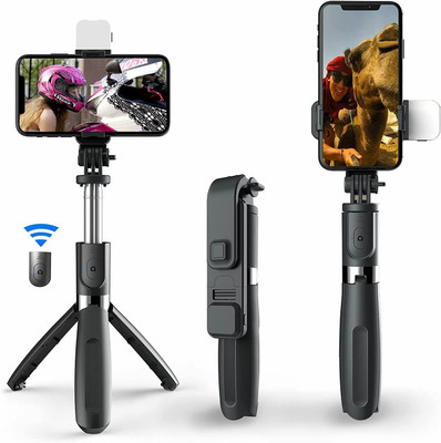 FITRIC R1s Bluetooth Selfie Sticks with Remote and Selfie Light, 3-in-1 Multifunctional Selfie Stick Tripod Stand Compatible with iPhone/OnePlus/Samsung/Realme & All Smartphones/Go Pro Bluetooth Selfie Stick(Black, Remote Included)