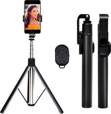 Ruskin Super Long Selfie Stick Tripod, Without Flash Y17 Extra-Long Selfie Stick with Large Reinforced Tripod Stand Upto 67 inch/170 cm Bluetooth Selfie Stick(Black 1, Remote Included)