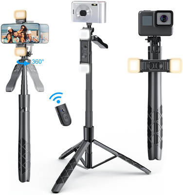 Hold up Extra Long Selfie Stick Tripod with Detachable LED Light,Stable Selfie Stick with Large Reinforced Tripod Stand Upto 61 inch/154 cm, Tripod Stand with Bluetooth Remote & 360° Rotation Bluetooth Selfie Stick(Black, Remote Included)