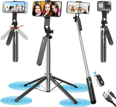 Kratos 62-Inch Tripod Selfie Stick | 5ft Extension | GoPro/Camera Compatible Bluetooth Selfie Stick(Black, Remote Included)