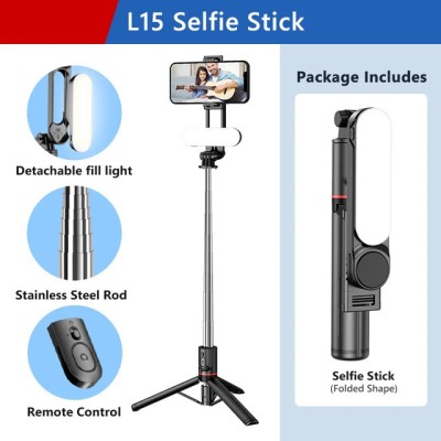 RETRACK L15 Foldable Mini Tripod Photo Live with Fill Light Bluetooth Remote Shutter Bluetooth Selfie Stick(Black, Remote Included)