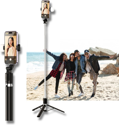 USTINE R1S-L Extra Long R1S Model 170cm upto 5.8 feet height Selfie Stick Tripod with Attached Flashlight for Better Night Photos and Videos Bluetooth Selfie Stick(Black, Remote Included)