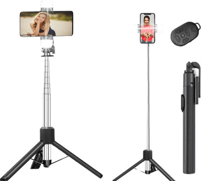 Hanumano Y17 Selfie Stick Tripod with Dual Flashlight and wireless Remote Bluetooth Selfie Stick(Black, Remote Included)