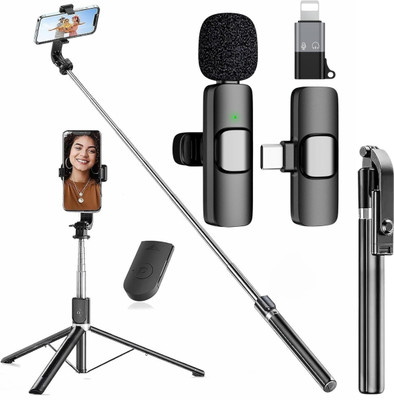 GADGETSWEAR (Combo with Wireless Mic) Selfie Stick with Tripod Stand, Wireless Mic for Youtuber, Bluetooth Selfie Stick(Black, Remote Included)