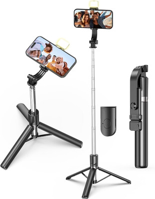 MAK 360° Rotatable Head, Rechargeable LED Light, Vlogging/Photography Bluetooth Selfie Stick(Upto 6Ft. Long Alluminium Rod, Black, Remote Included)