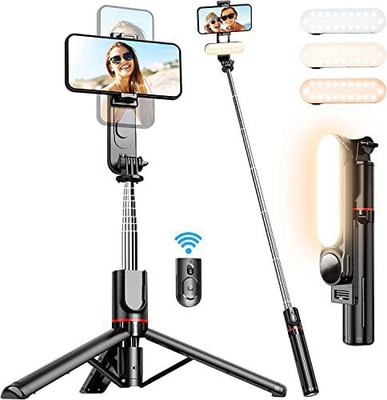 Hold up Tripod with Fill Light, 44 Inch Extendable Selfie Stick with Wireless Remote Bluetooth Selfie Stick(Black, Remote Included)