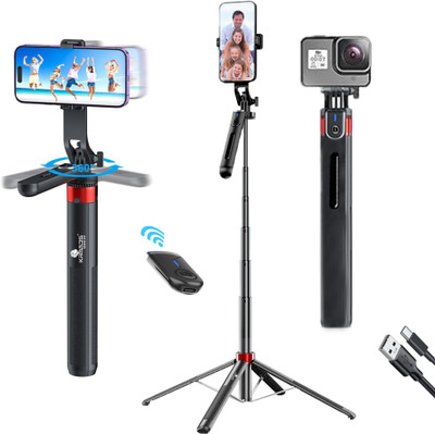Kratos 71-Inch Selfie Stick Tripod | Anti-Shake | Remote | Panoramic Use Bluetooth Selfie Stick(Black, Remote Included)