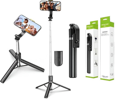 urooj Mini Selfie Stick Remote Flexible Extendable Rotating Phone Stand Telescopic Grip for Bed Desk for Mobile Vlogging Live Video Bluetooth Selfie Stick(Black, Remote Included)