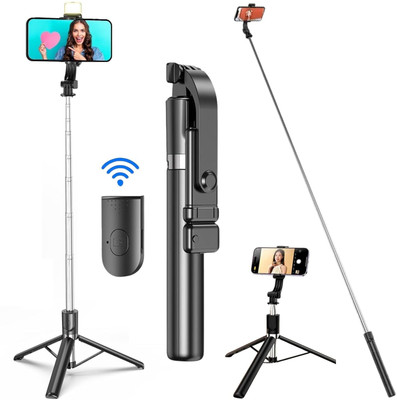 PunnkFunnk R1S All-in-One Selfie Stick with Tripod Stand & Remote | Compact & Extendable Travel Mobile Stand Bluetooth Selfie Stick(Black, Remote Included)