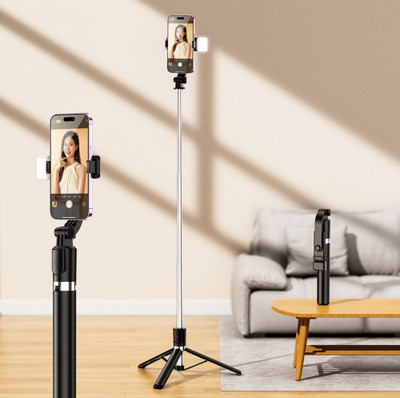 Ruskin R1S-L Selfie Stick Tripod with Attached Flashlight for Better Night Photos and Videos Bluetooth Selfie Stick(Black, Remote Included)