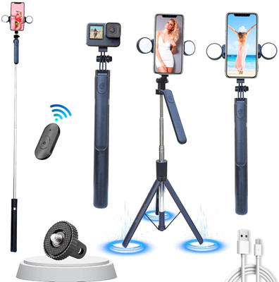 Hold up Super Long Selfie Stick Tripod with led dual light Upto 67 inch/170 cm Tripod Bluetooth Selfie Stick(Black, Remote Included)