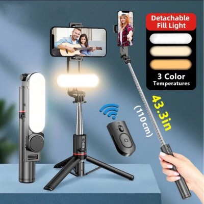 BRSS L15 Selfie Stick With Mini Tripod with Fill Light with Wireless Bluetooth Remote Shutter Bluetooth Selfie Stick(Black, Remote Included)