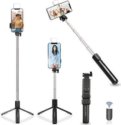 OM ENTERPRISES Selfie Stick Tripod with Light & Phone Stand Wireless Remote Compatible mobile Phone Bluetooth Selfie Stick(Black, Remote Included)