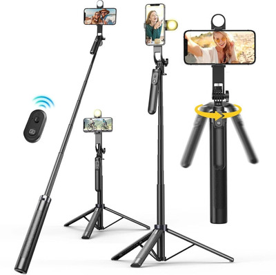 Kingone Long Selfie Stick with Tripod Stand Aluminum 71inch/180cm 360° Degree Rotation Selfie Stick Tripod for Phone Bluetooth Selfie Stick(Black, Remote Included)