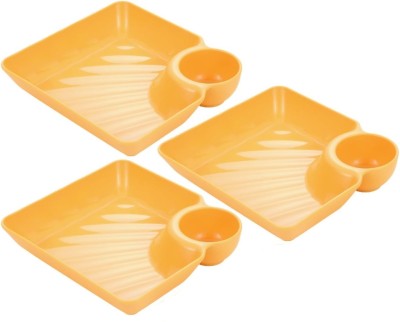 HARVA Snack Dessert Fruit Chips Plate with Dipping Sauce Compartment (Yellow) Dish Chip & Dip Tray Serving Set(Pack of 3)