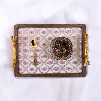 WOODUKOO Lotus Solid Wood Tray with Lotus Prints | Handcrafted Serving/Dining/Gifting Tray Serving Set(Pack of 1)
