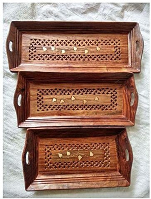 A S Trading World Wooden Serving Tray Set of 3 Tray Serving Set(Pack of 1)