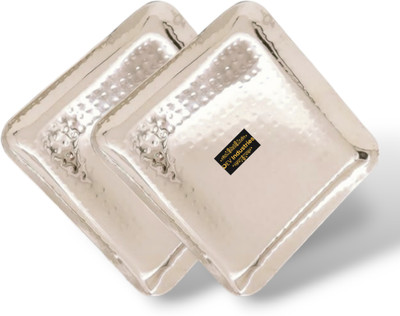 Dev Industries Steel Square Mathar Finish Snacks Plate/Dinner Plate/Lunch-Meal Plate Small Tray, Plate Serving Set(Pack of 2)