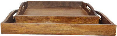 HRB Handicrafts Premium Sheesham / Teak Wooden Rectangular Serving Tray | Multipurpose Tray Tray Serving Set(Pack of 2)