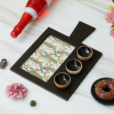 JaipurCrafts Premium Serving Trays and Platters with 3 Dip Bowls Set Cool Kitchen Accessories Chip & Dip Tray, Tray Serving Set(Pack of 4)