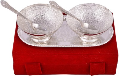 SAFESEED German Silver Bowl Set with Royal Velvet Box for Diwali, Wedding & Occasions Bowl, Spoon, Tray Serving Set(Pack of 5)