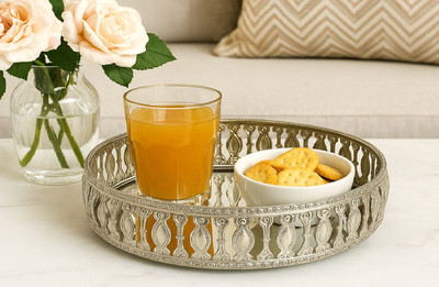 DecorOne Silver Plated Round Tray Elegant Gift for Diwali, Anniversary, Birthday Tray Serving Set(Pack of 1)