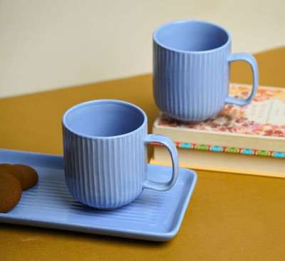 Classydesigners Ceramic Pastel Breakfast Set of 2 Coffee Mugs/Tea Cups and 1 Tray (Blue) Cup, Tray Serving Set(Pack of 3)