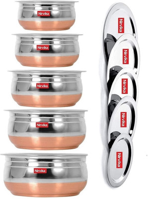 Nirvika Pack of 5 Stainless Steel handi set with lid Copper bottom cookware set/biryani patila set Dinner Set(Silver, Microwave Safe)