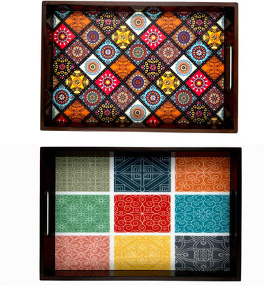 Angira handicrafts Wooden tray set of 2 with UV print|Serving Tray|Multipurpose Tray|AHS0-T0978 Tray(Pack of 2)