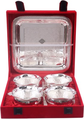INDIAN ART VILLA Silver Plated 4 M Design Bowl with 4 Spoon & 1 Tray Bowl Serving Set(Pack of 7)