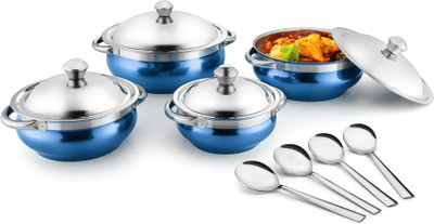 Jensons Blue 4 Handi with lid + 4 Serving Spoon Bowl, Spoon Serving Set(Pack of 4)