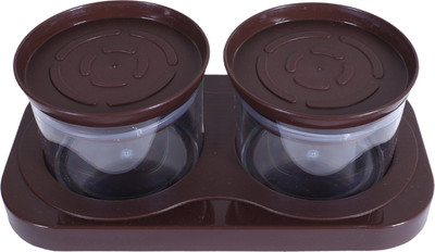 KUBER INDUSTRIES 2 Containers&Tray Set|Unbreakable Plastic ServingTray,350 ml|Brown|with Airtight Container Serving Set(Pack of 1)