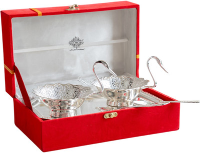 IndianArtVilla Set of Silver Plated Duck Design 2 Bowl, 2 Spoon & 1 Tray - 140ML Bowl, Spoon, Tray Serving Set(Pack of 5)