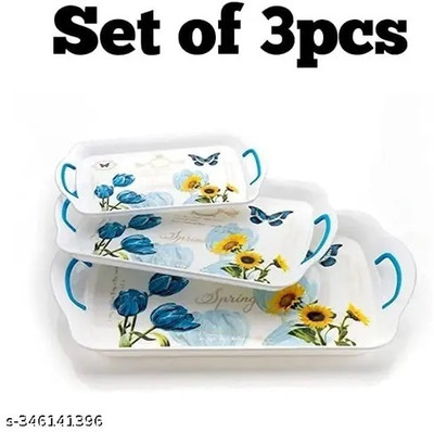 VSELL Plastic Printed Rectangular Serving Tray with Handle for Serving Tea & etc. Tray(Pack of 3, Microwave Safe)